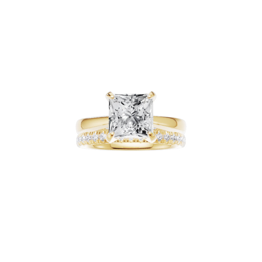 18ct EF VS laboratory grown diamond diamond accent ring with a princess  diamond in a hidden halo setting and a matching wedding band