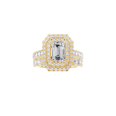 14ct EF VS laboratory grown diamond u claw setting ring with a emerald cut diamond in a double halo setting and a matching wedding band