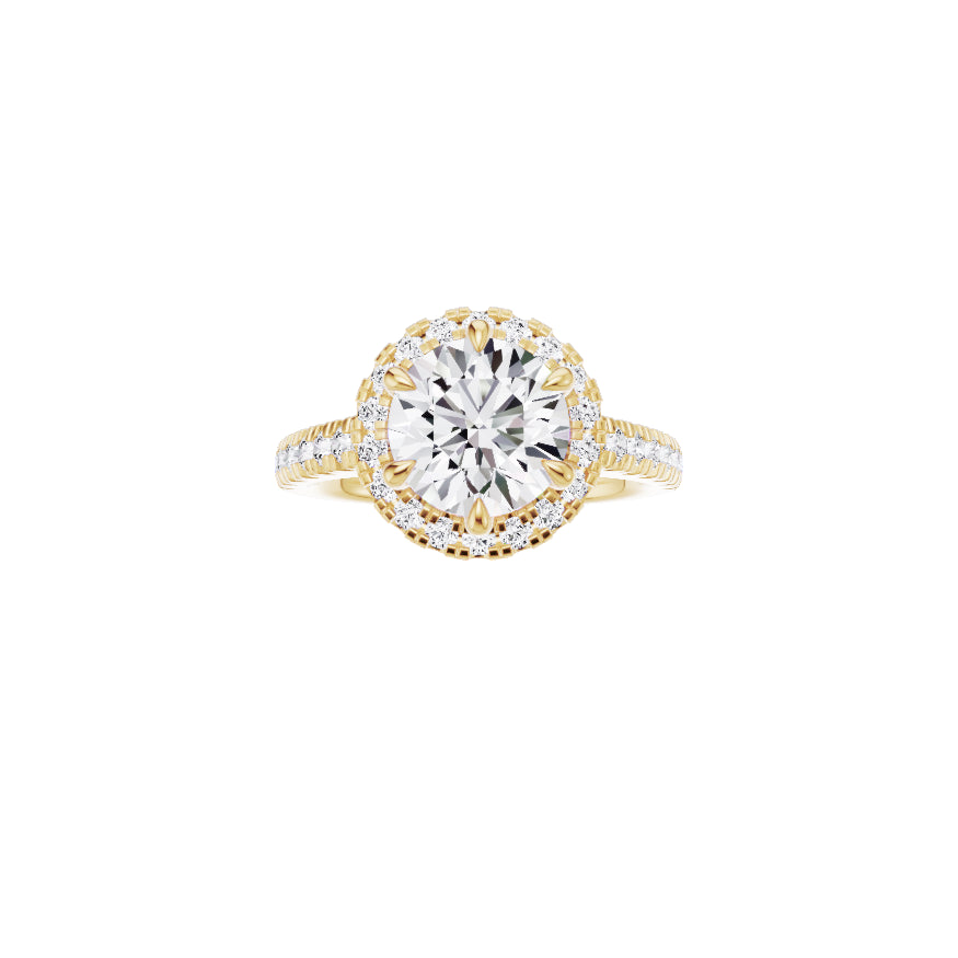 18ct EF VS laboratory grown diamond split claw setting ring with a round brilliant diamond in a single halo setting