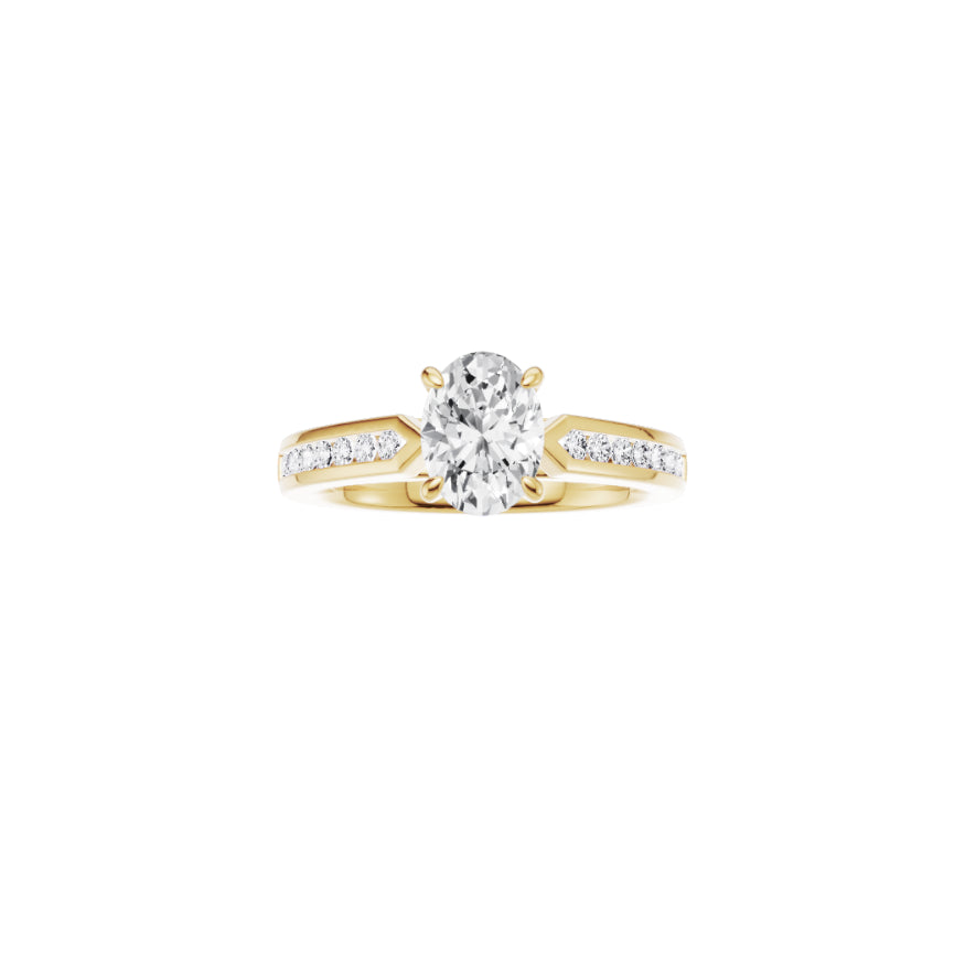 18ct EF VS laboratory grown diamond channel ring with a oval cut diamond in a classic claw setting