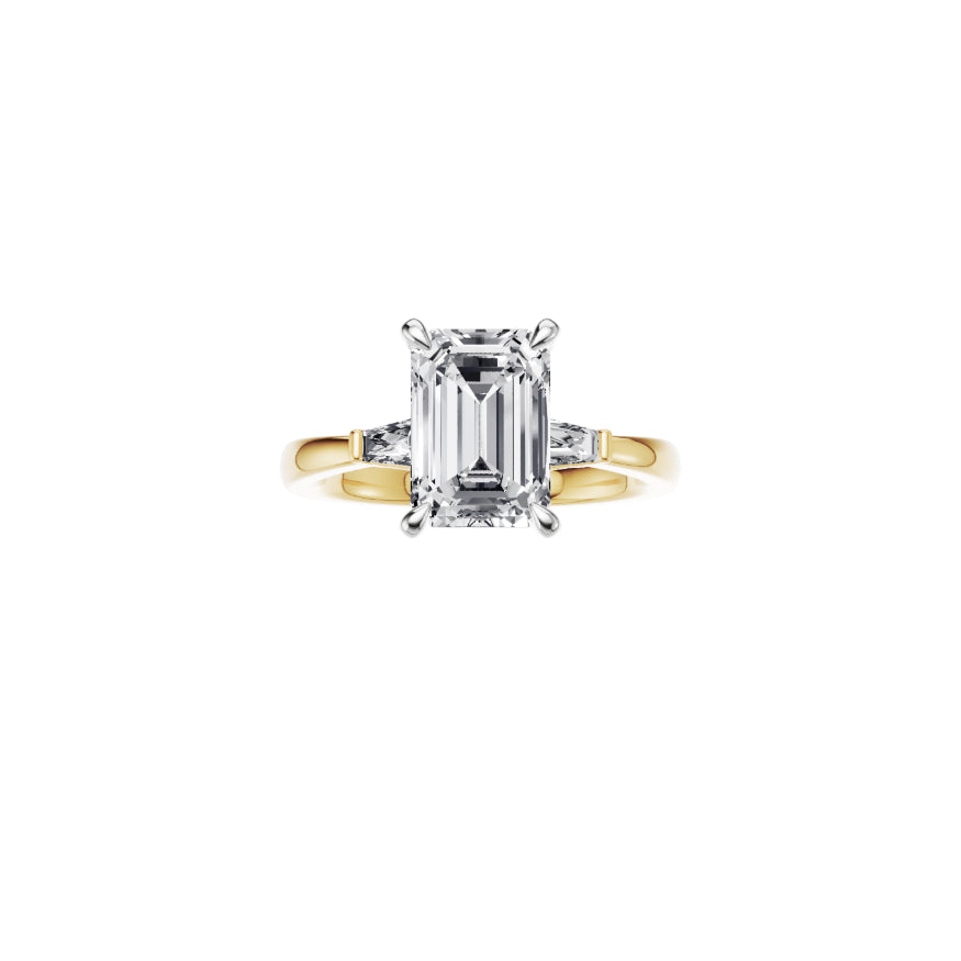 18ct EF VS laboratory grown diamond side baguette ring with a emerald cut diamond in a classic claw setting