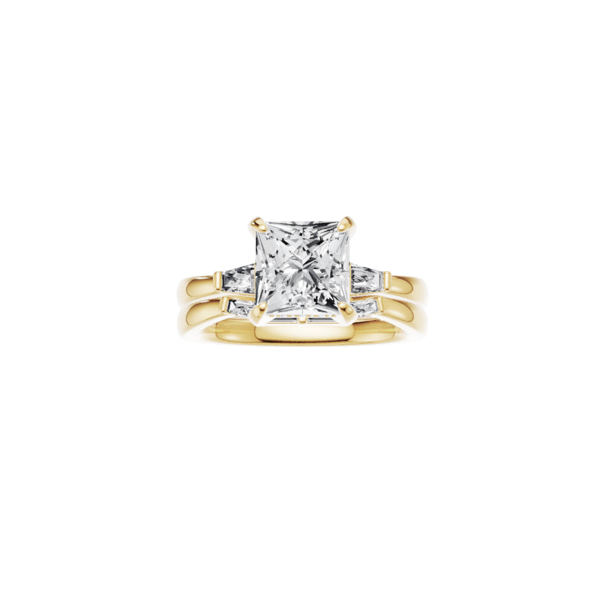 18ct EF VS laboratory grown diamond side baguette ring with a  princess  diamond in a hidden halo setting and a matching wedding band