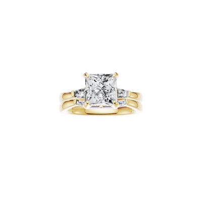 18ct EF VS laboratory grown diamond side baguette ring with a  princess  diamond in a hidden halo setting and a matching wedding band