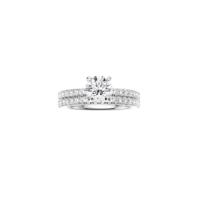 18ct EF VS laboratory grown diamond french pave ring with a round brilliant diamond in a classic claw setting and a matching wedding band