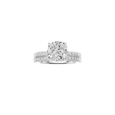 PT EF VS laboratory grown diamond french pave ring with a cushion diamond in a classic claw setting and a matching wedding band