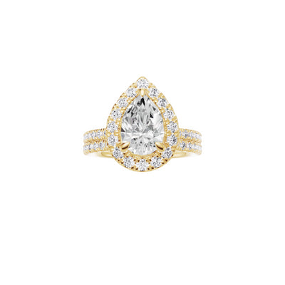 18ct EF VS laboratory grown diamond french pave ring with a pear cut diamond in a single halo setting and a matching wedding band