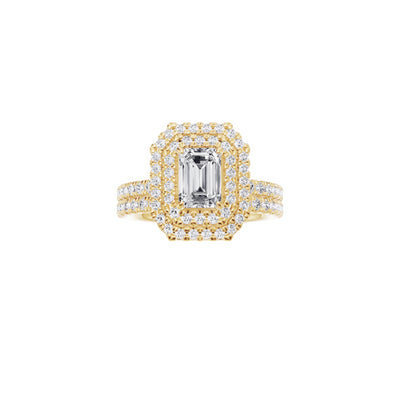 18ct EF VS laboratory grown diamond french pave ring with a emerald cut diamond in a double halo setting and a matching wedding band