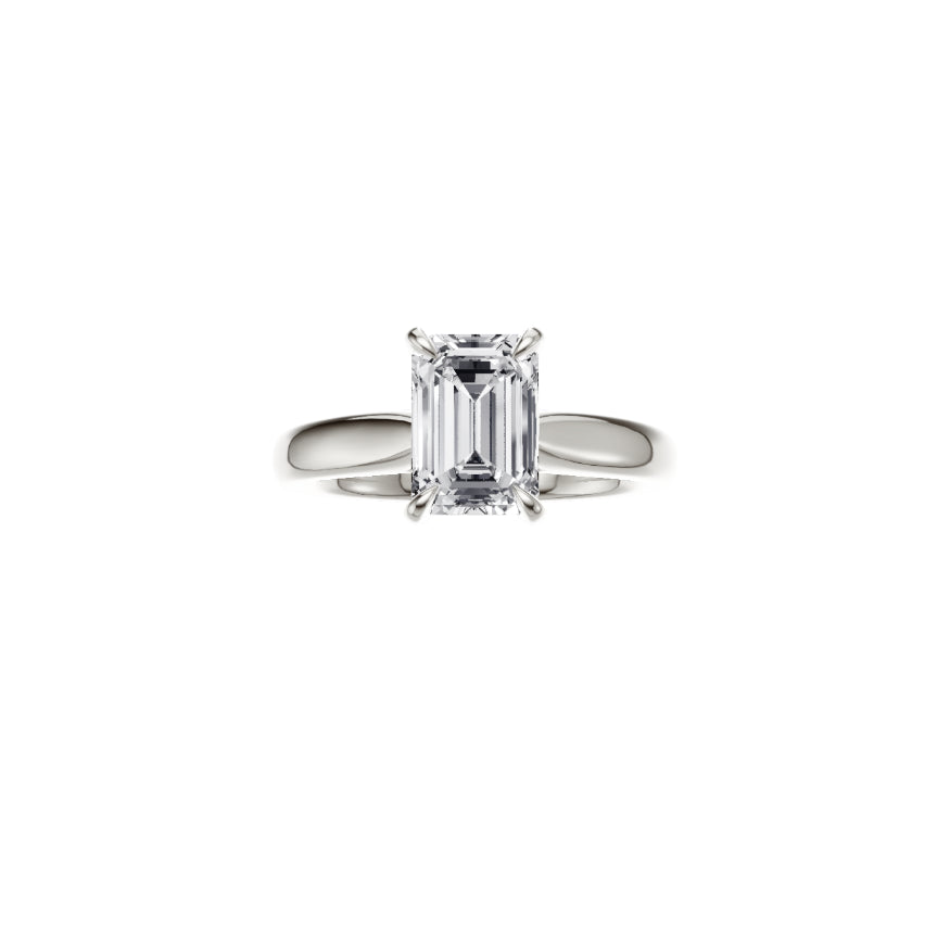 18ct EF VS laboratory grown diamond plain ring with a emerald cut diamond in a hidden halo setting