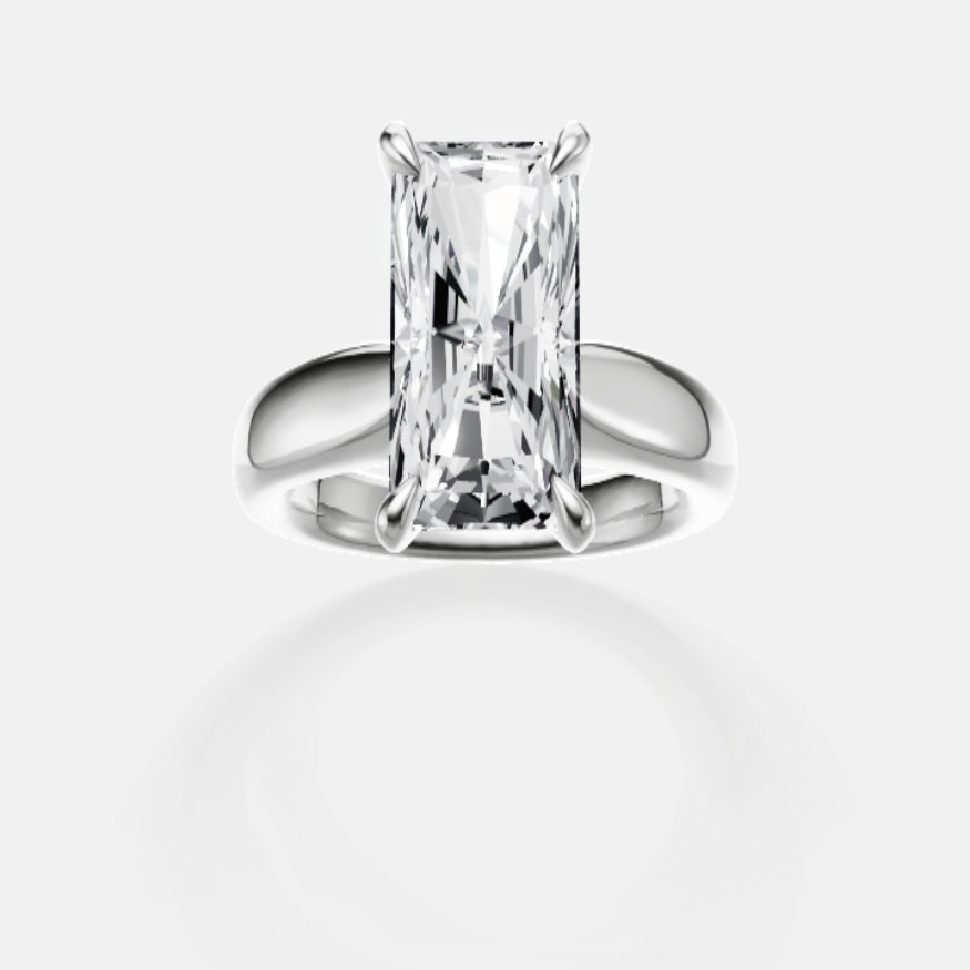Platinum EF VS laboratory grown diamond plain ring with a radiant cut diamond in a classic claw setting