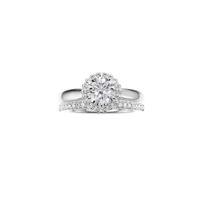 18ct EF VS laboratory grown diamond plain ring with a round brilliant diamond in a single halo setting and a matching wedding band