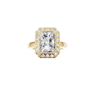 18ct EF VS laboratory grown diamond diamond accent ring with a radiant cut diamond in a single halo setting