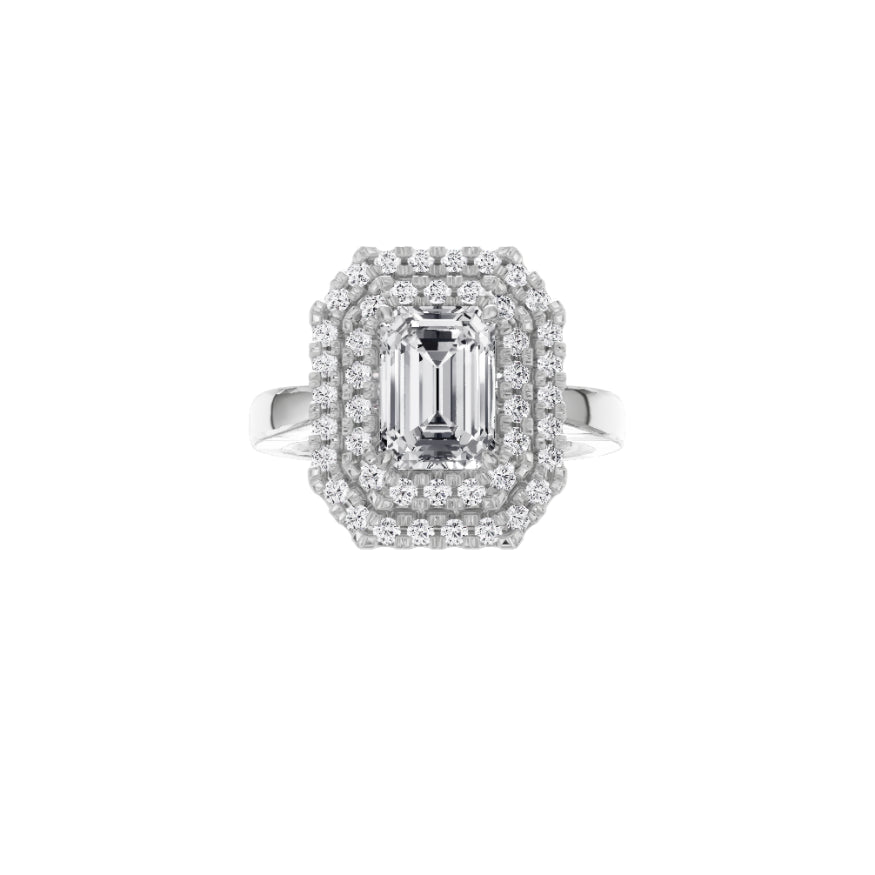 18ct EF VS laboratory grown diamond diamond accent ring with a emerald cut diamond in a double halo setting