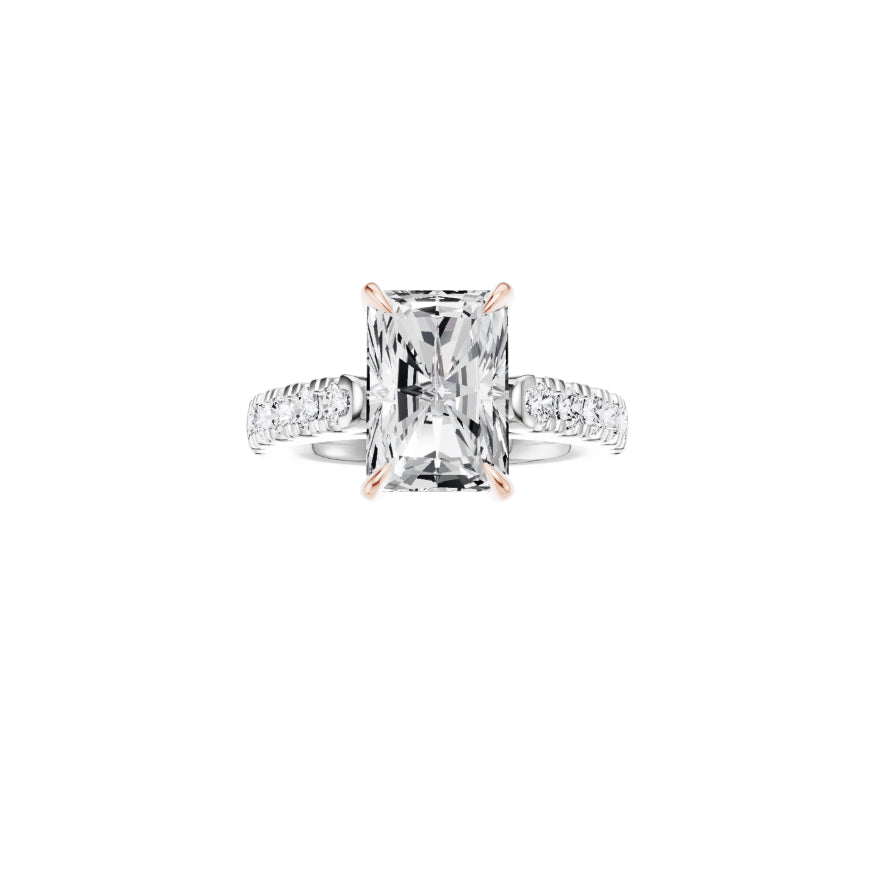 18ct EF VS laboratory grown diamond u claw setting ring with a radiant cut diamond in a hidden halo setting