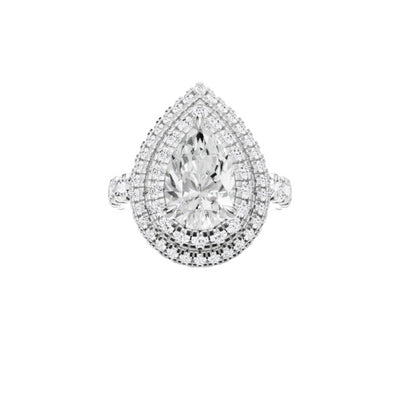 18ct EF VS laboratory grown diamond u claw setting ring with a pear cut diamond in a double halo setting