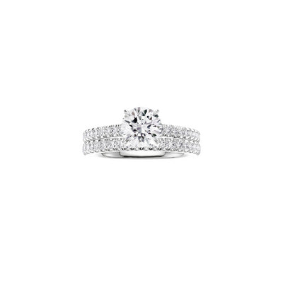 18ct EF VS laboratory grown diamond v claw setting ring with a round brilliant diamond in a hidden halo setting and a matching wedding band