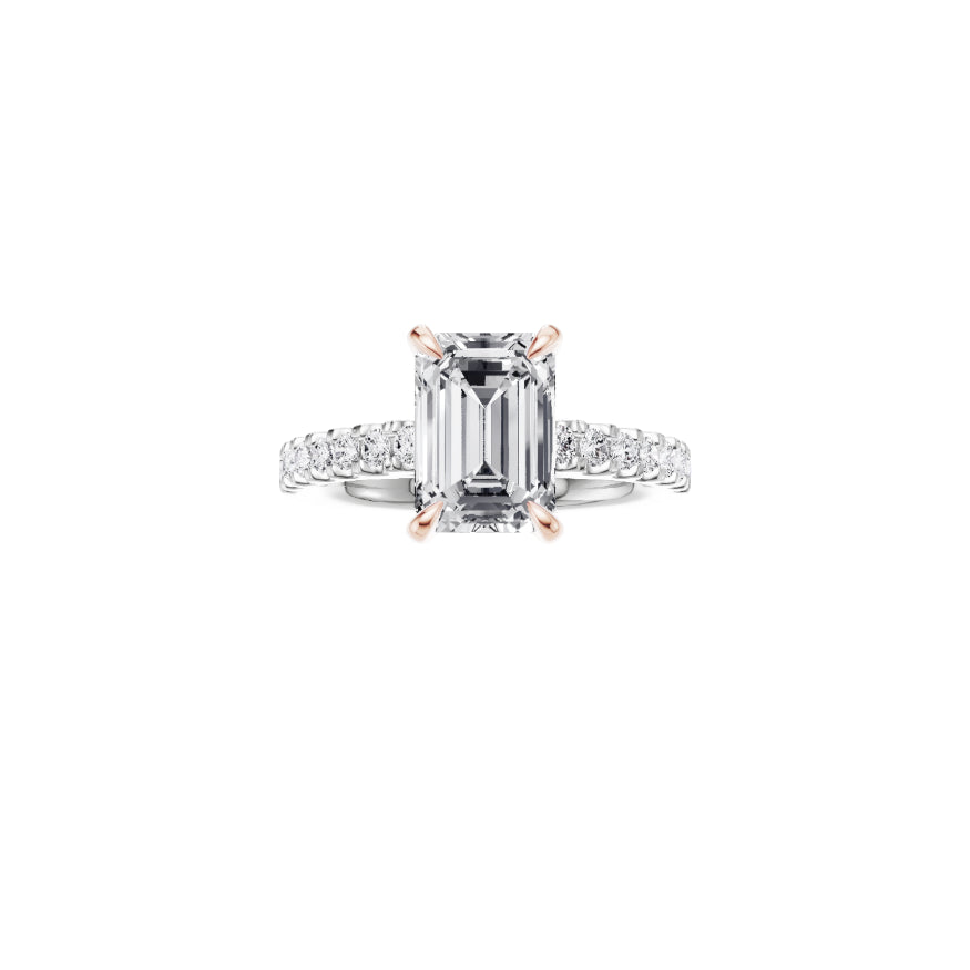 Platinum EF VS laboratory grown diamond split claw setting ring with a emerald cut diamond in a hidden halo setting