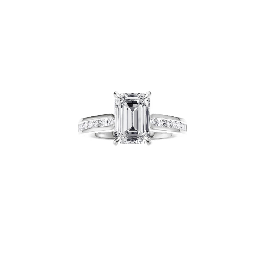 18ct EF VS laboratory grown diamond channel ring with a emerald cut diamond in a hidden halo setting