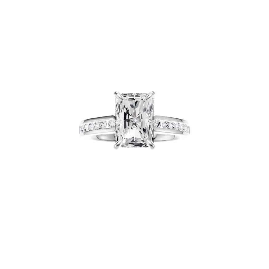 18ct EF VS laboratory grown diamond channel ring with a radiant cut diamond in a hidden halo setting