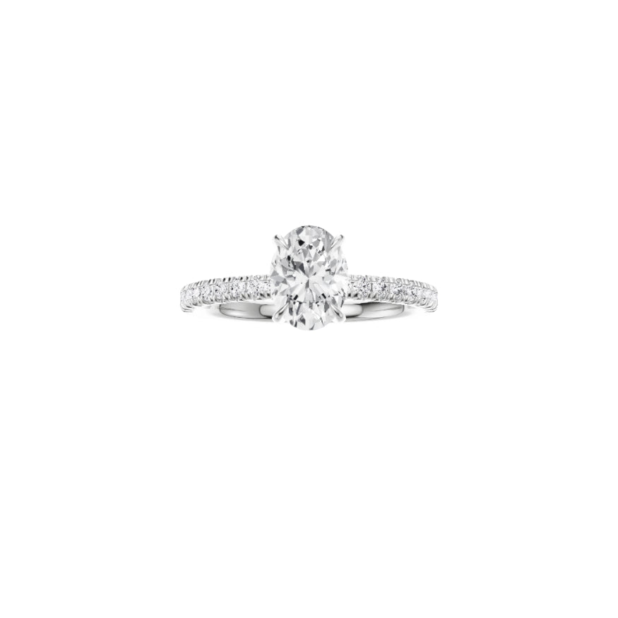 18ct EF VS laboratory grown diamond french pave ring with a oval cut diamond in a hidden halo setting