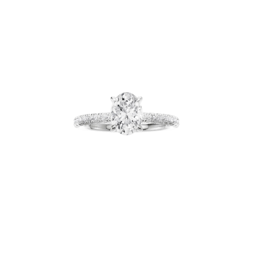18ct EF VS laboratory grown diamond french pave ring with a oval cut diamond in a classic claw setting