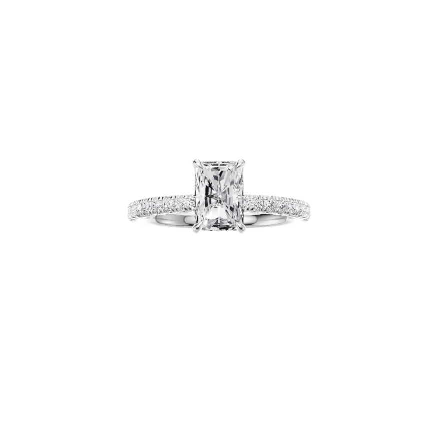 18ct EF VS laboratory grown diamond french pave ring with a radiant cut diamond in a classic claw setting