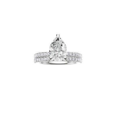 18ct EF VS laboratory grown diamond french pave ring with a pear cut diamond in a classic claw setting and a matching wedding band