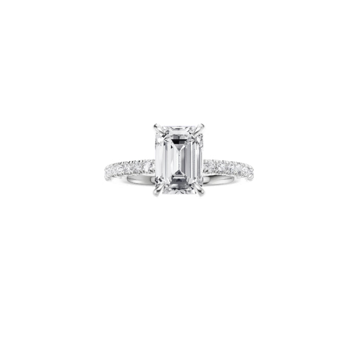 14ct EF VS laboratory grown diamond french pave ring with a emerald cut diamond in a hidden halo setting