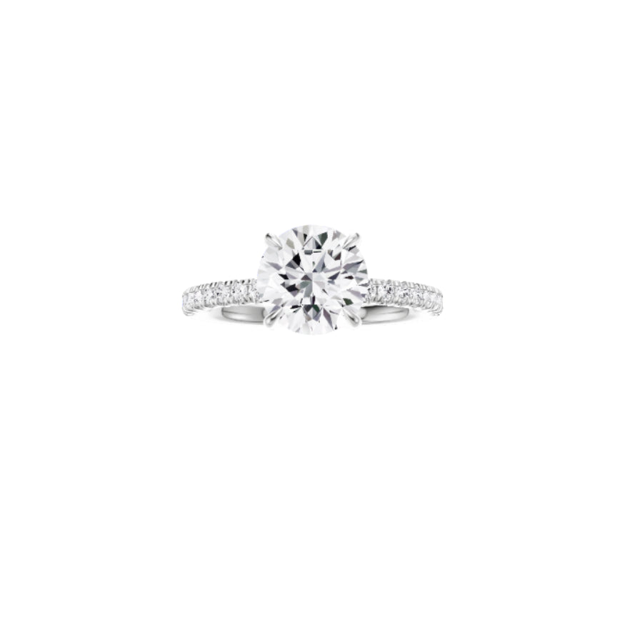 Platinum EF VS laboratory grown diamond french pave ring with a round brilliant diamond in a hidden halo setting