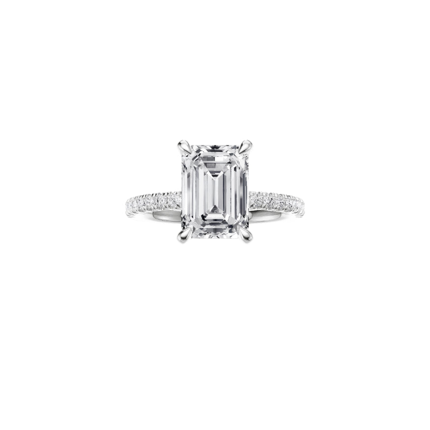 18ct EF VS laboratory grown diamond french pave ring with a emerald cut diamond in a classic claw setting