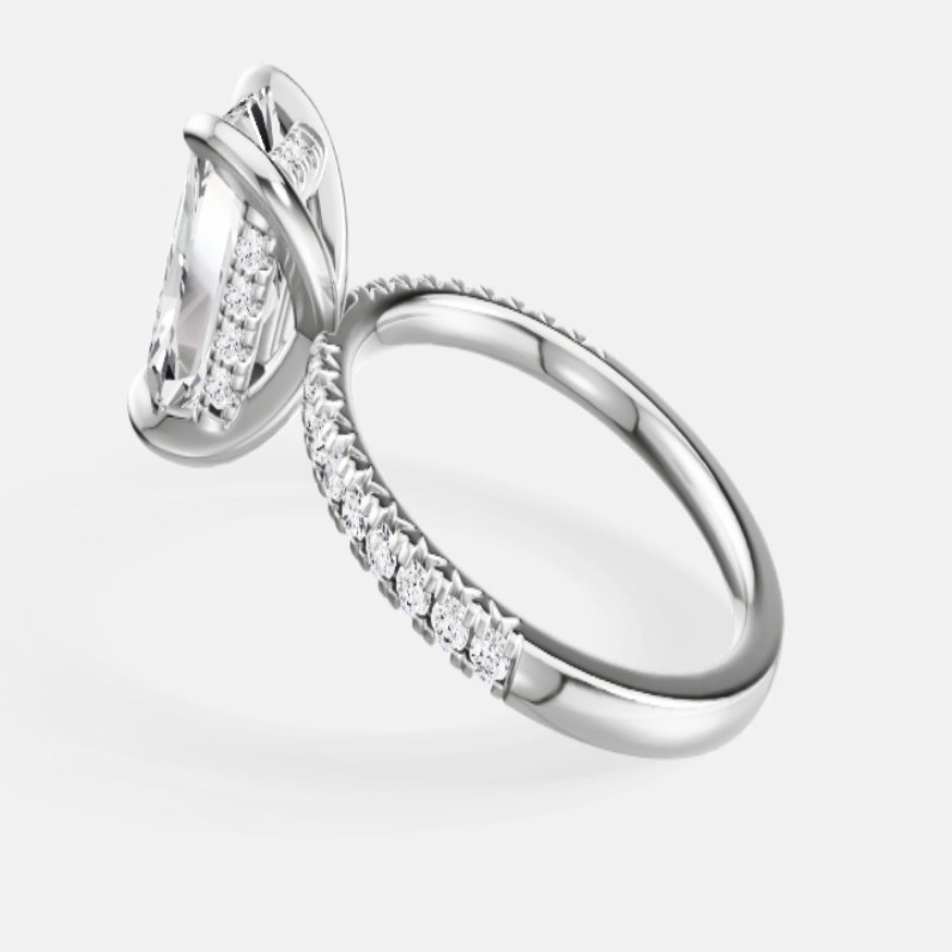 18ct EF VS laboratory grown diamond french pave ring with a radiant cut diamond in a hidden halo setting