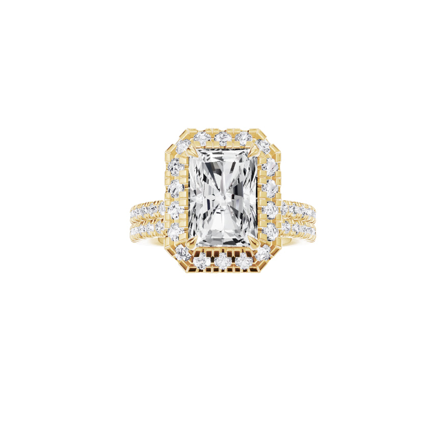 18ct EF VS laboratory grown diamond french pave ring with a radiant cut diamond in a single halo setting and a matching wedding band