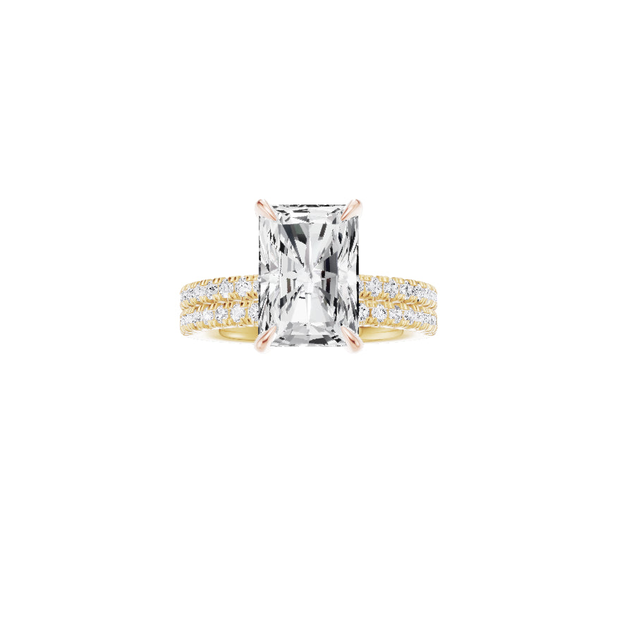 18ct EF VS laboratory grown diamond french pave ring with a radiant cut diamond in a hidden halo setting and a matching wedding band