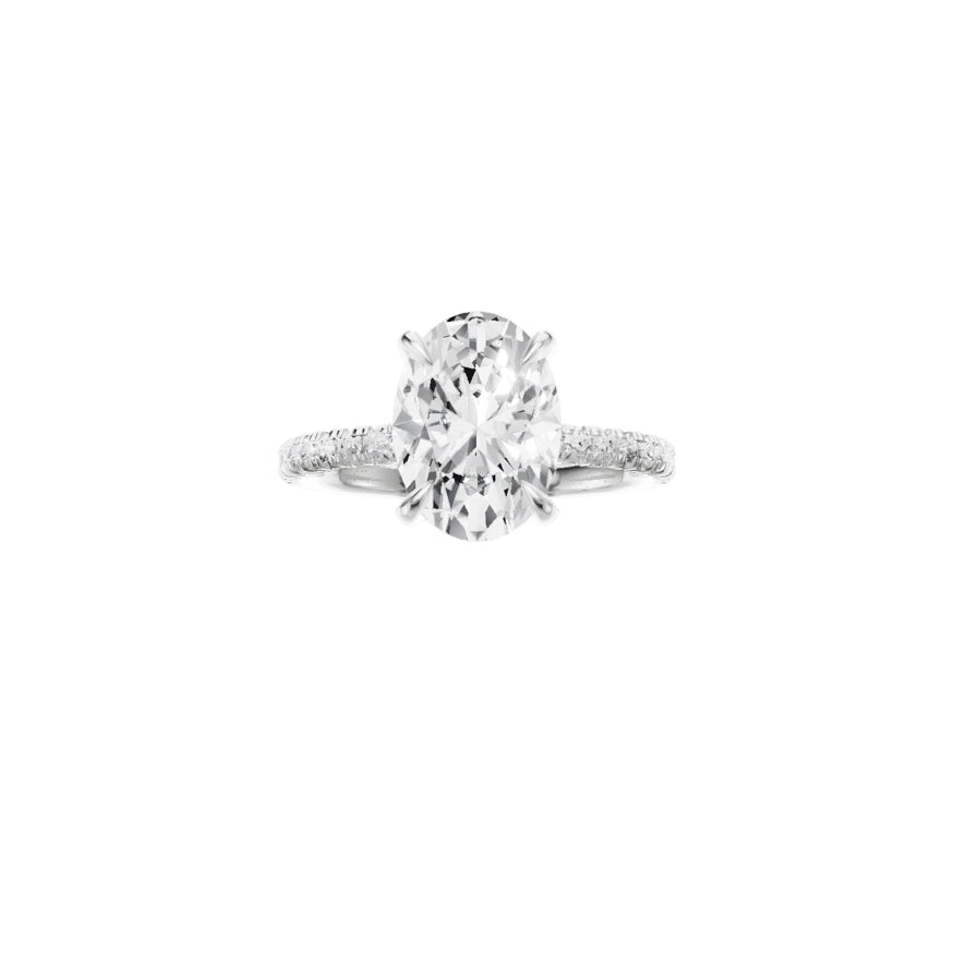 Platinum EF VS laboratory grown diamond french pave ring with a oval cut diamond in a hidden halo setting
