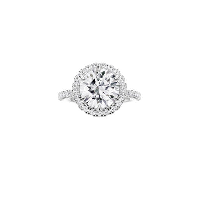 18ct EF VS laboratory grown diamond french pave ring with a round brilliant diamond in a single halo setting