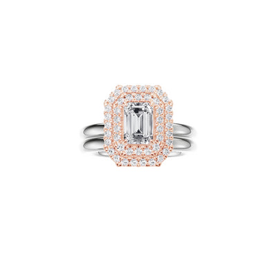 Platinum EF VS laboratory grown diamond classic d ring with a emerald cut diamond in a double halo setting and a matching wedding band